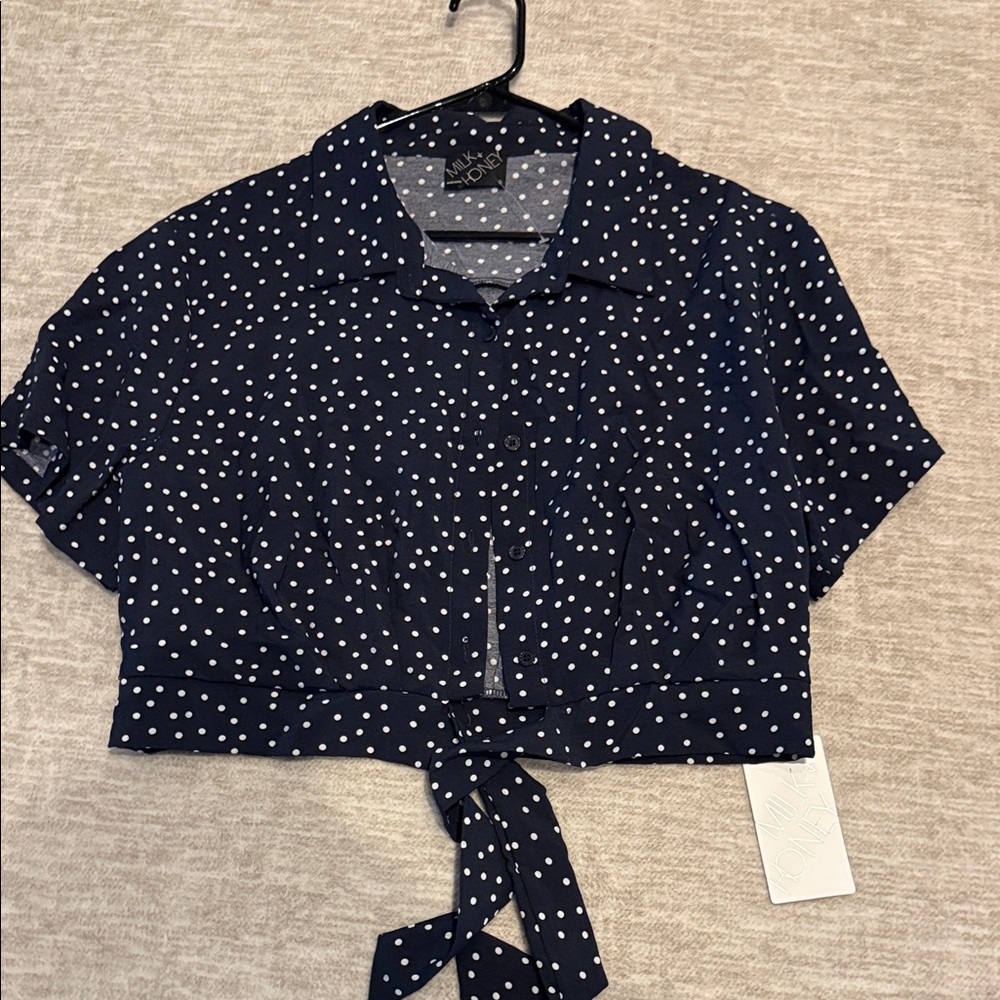 Navy Blue Polka Dot Crop Top with Tie Front
